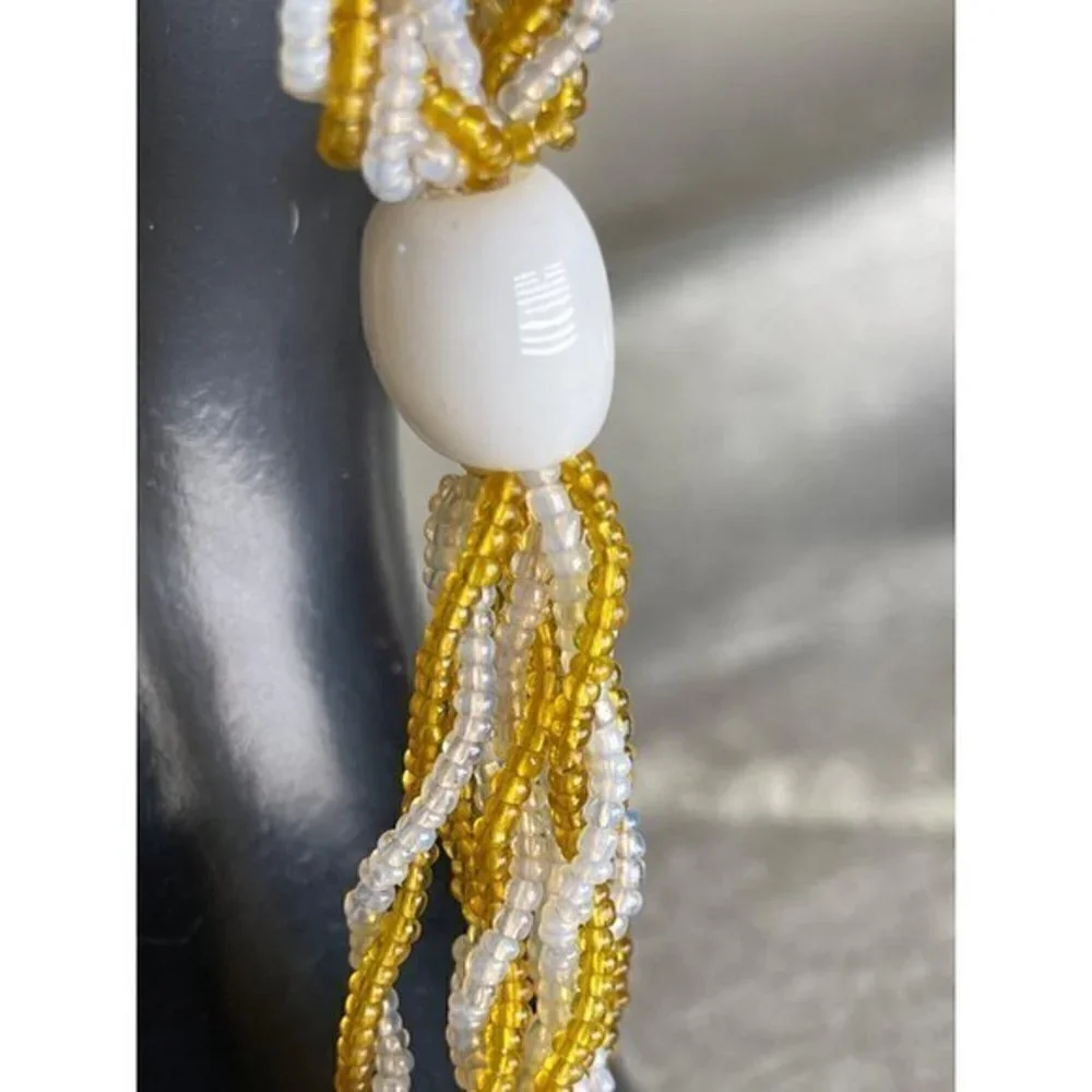 1920s Sautoir Long Yellow n White Glass Beaded Lariat Flapper Necklace Fringe
